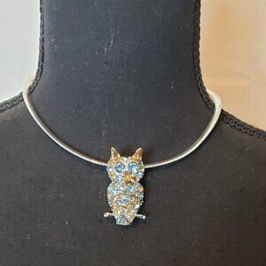 RMN 16" Choker Necklace W\ Owl Pendant with Light Blue and Gold Rhinestones